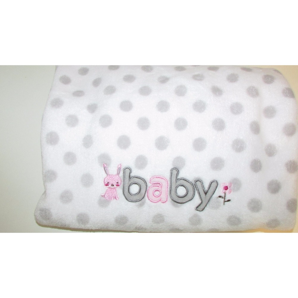 Just Born White Gray dots Pink bunny rabbit flower Baby Girl Blanket fleece back